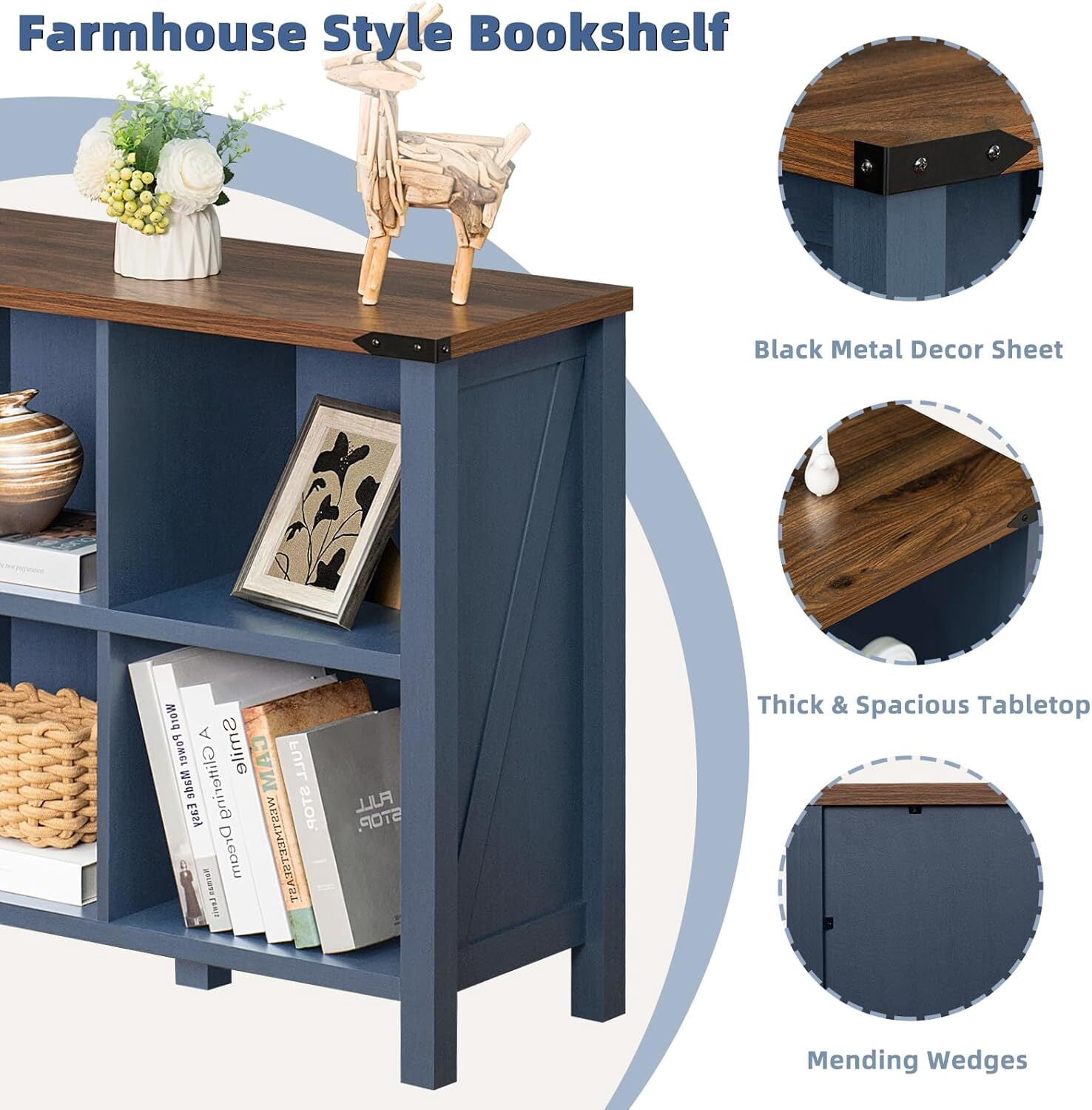 Joaxswe 6-Cube Storage Organizer, 3-Tier Farmhouse Bookshelf, Wood Display Bookcase for Living Room, Bedroom, Office, Navy Blue