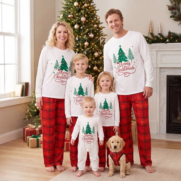 Christmas Family Pajamas Matching Sets with Dog Christmas Tree Print Plaid PJs