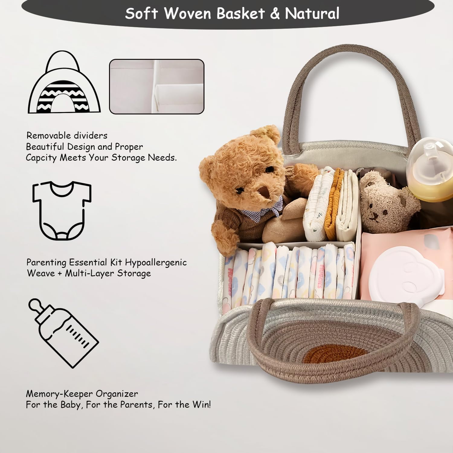 Diaper Caddy Organizer with Gift Bags and Ribbons - Sturdy Cotton Rope Basket for Baby Girl & Boy Newborn Essentials, Large Baby Gift Bag, Nursery Storage Caddy with Handles (white Brown)