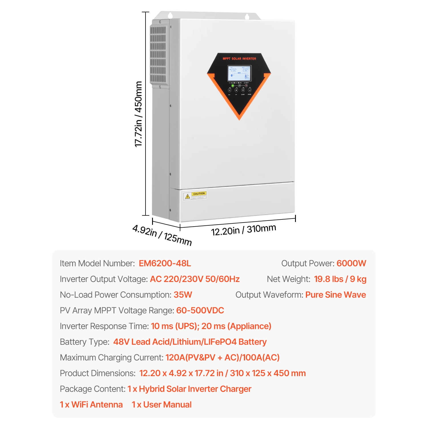 KFFKFF Hybrid Solar Inverter, 6000W, All-in-One Pure Sine Wave Power Inverter Charger, 48V DC to 220/230V AC, with Integrated 120A MPPT Solar Controller, Compatible with Off-Grid Systems