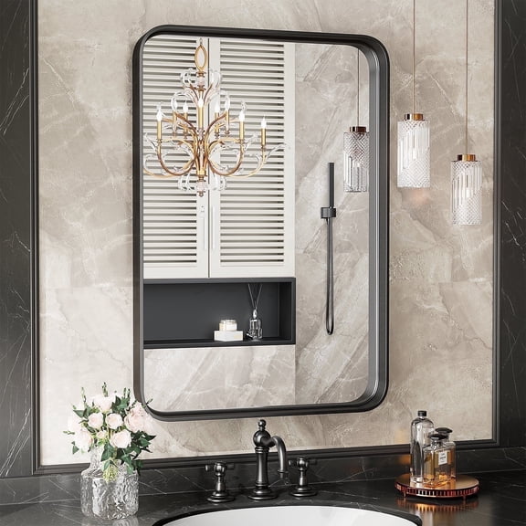JIOABL 30"x 22" Shatterproof Bathroom Mirror with Black Metal Frame - Tempered Glass, 2 Sided, Anti-Rust for Vanity Wall Decor
