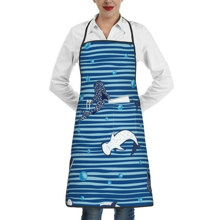 

Pofeuu Sharks on White Blue Striped Print Aprons with Pockets Cute Aprons for Kitchen Cooking Server Barber Chef Apron