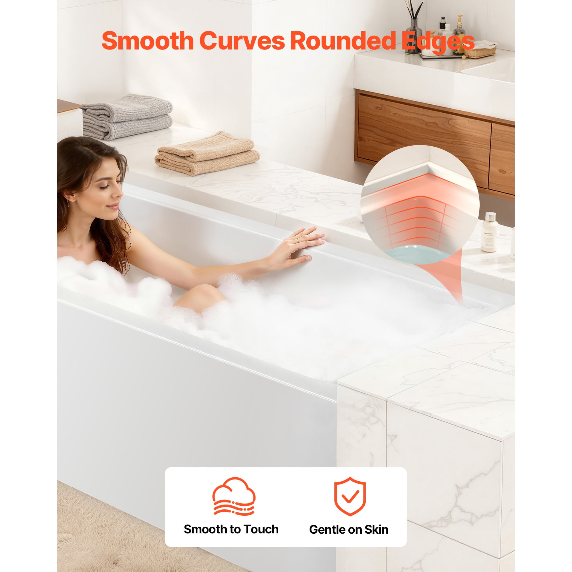 KFFKFF 54" x 30" Modern Alcove Acrylic Bathtub, Deep Soaking Tub with Right-Hand Drain and Overflow, Spacious Rectangular Bath for Bathroom with Built-In Flange, White