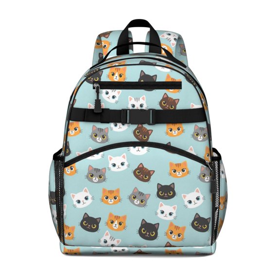 Multicolor Cat Head Blue Pattern Cute School Backpack Bag for School with Padded Back and Adjustable Shoulder Straps 15.25"x11.5"x5.25"