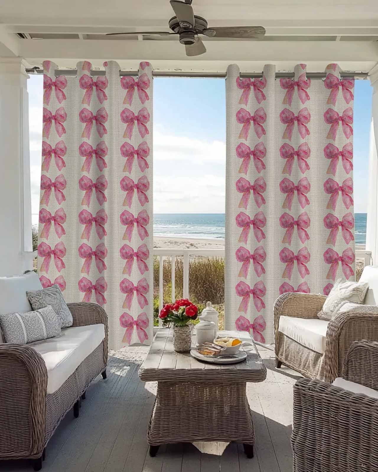 Pink Bow Blackout Curtains 72 Inch Length Vintage Spring Retro Bow Plaid Linen Texture Farm Thermal Insulated Window Curtain Window Drapes 2 Panels for Bedroom Living Room 52"Wx72"L