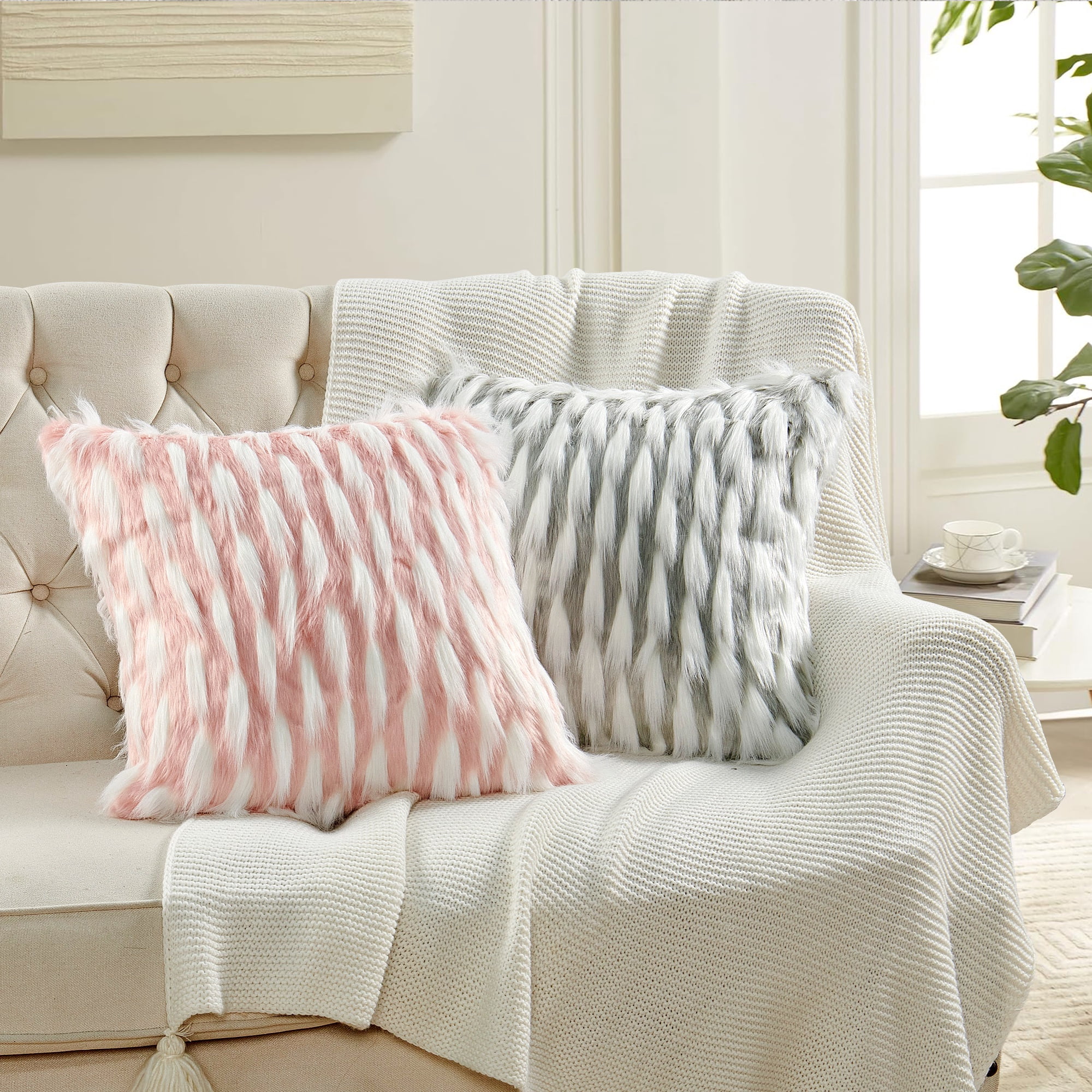 Home Soft Things Feathery Faux Fur 2 Piece Throw Pillow Cover Set - Grey - 20" x 20"