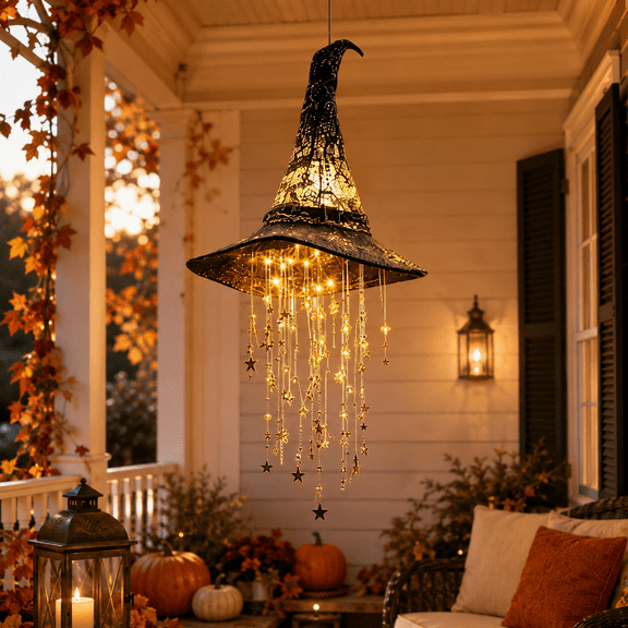 Lighted Witch Hat Halloween Decoration Hanging Witch Hat Light With Star Accents For Porch Patio Window Indoor Outdoor Halloween Decor black
