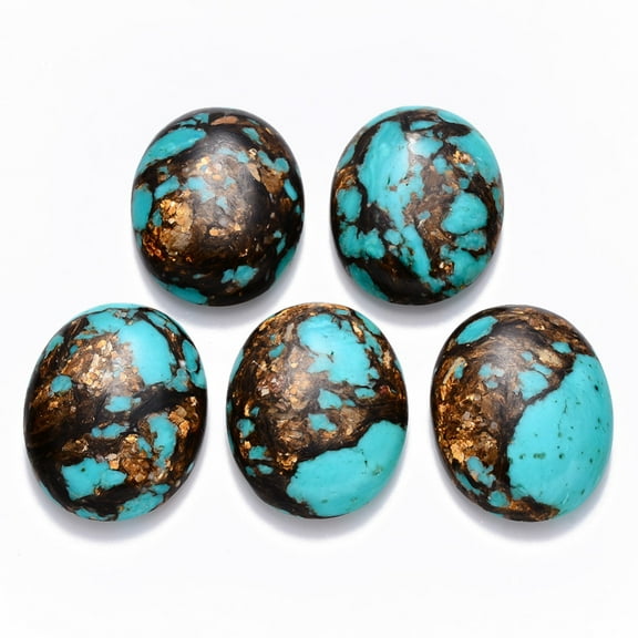5pc Assembled Natural Bronzite and Synthetic Turquoise Cabochons Dyed Oval Turquoise 40x30x7.5~8.5mm