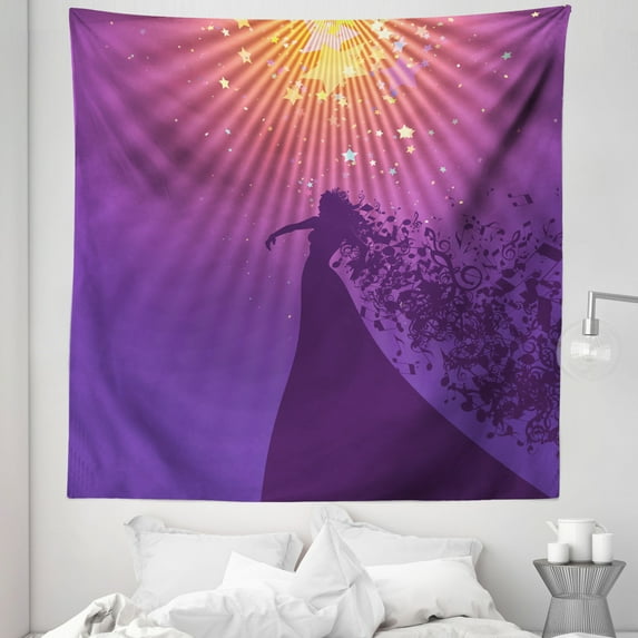 Diva Tapestry, Silhouette of Woman Opera Singer Singing at the Stage with Hair Like Musical Notes, Fabric Wall Hanging Decor for Bedroom Living Room Dorm, 5 Sizes, Multicolor, by Ambesonne