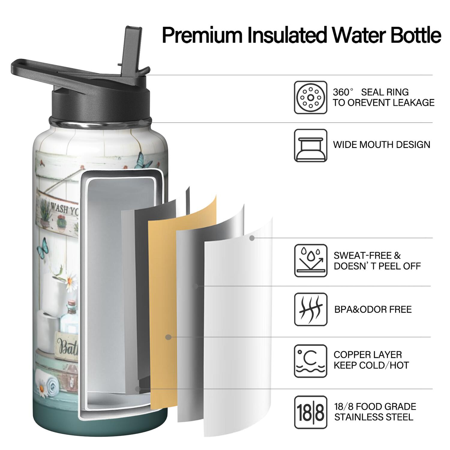 Stainless Steel 32oz Triple Layer Insulated Farmhouse Themed Water Bottle with Straw, Leak Proof Lids for Sports, Travel, Gym For All Genders