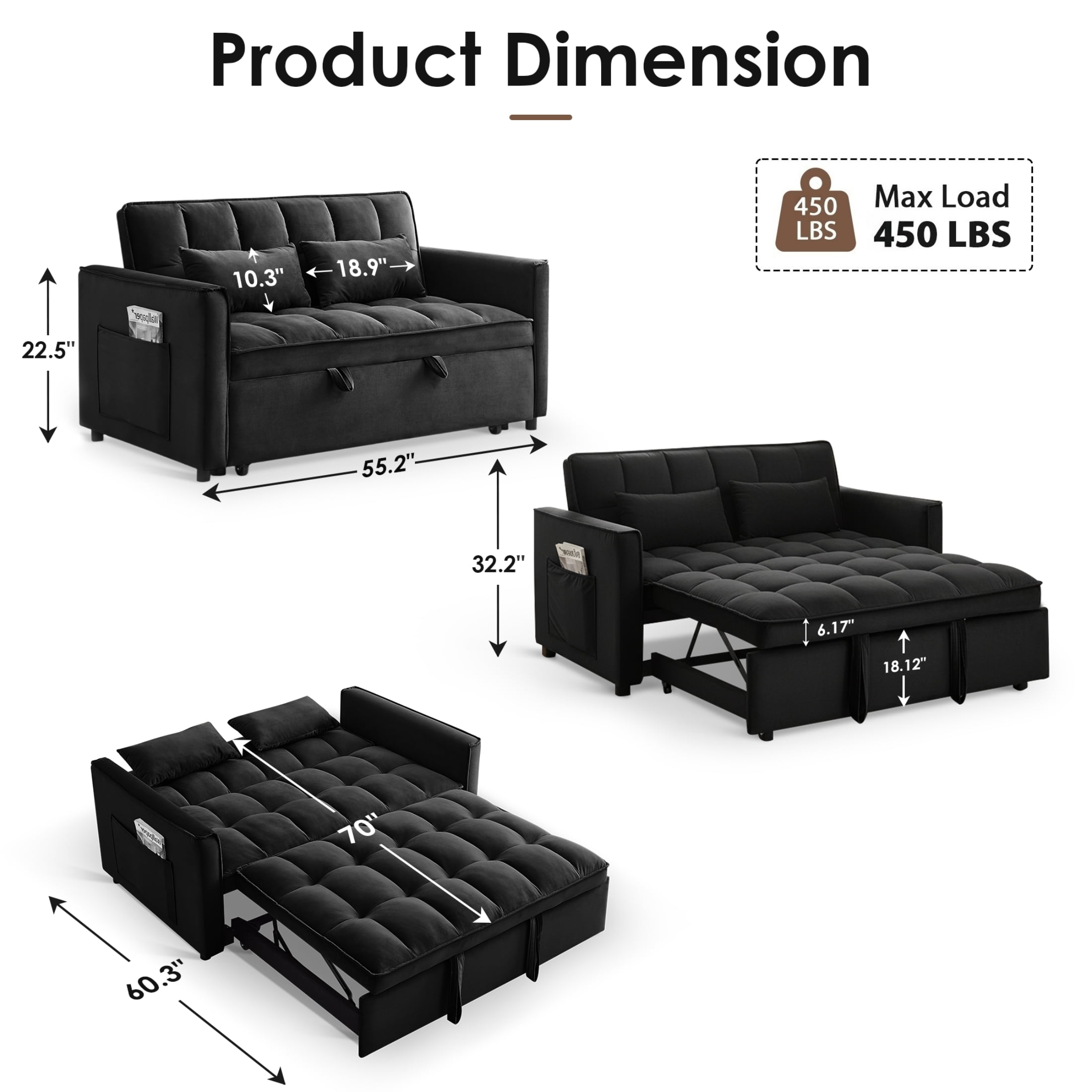 Vinform 55" 3 in 1 Convertible Sleeper Sofa Bed, Pull Out Loveseat Couch with Storage Pocket, Black(Thick Sponge)