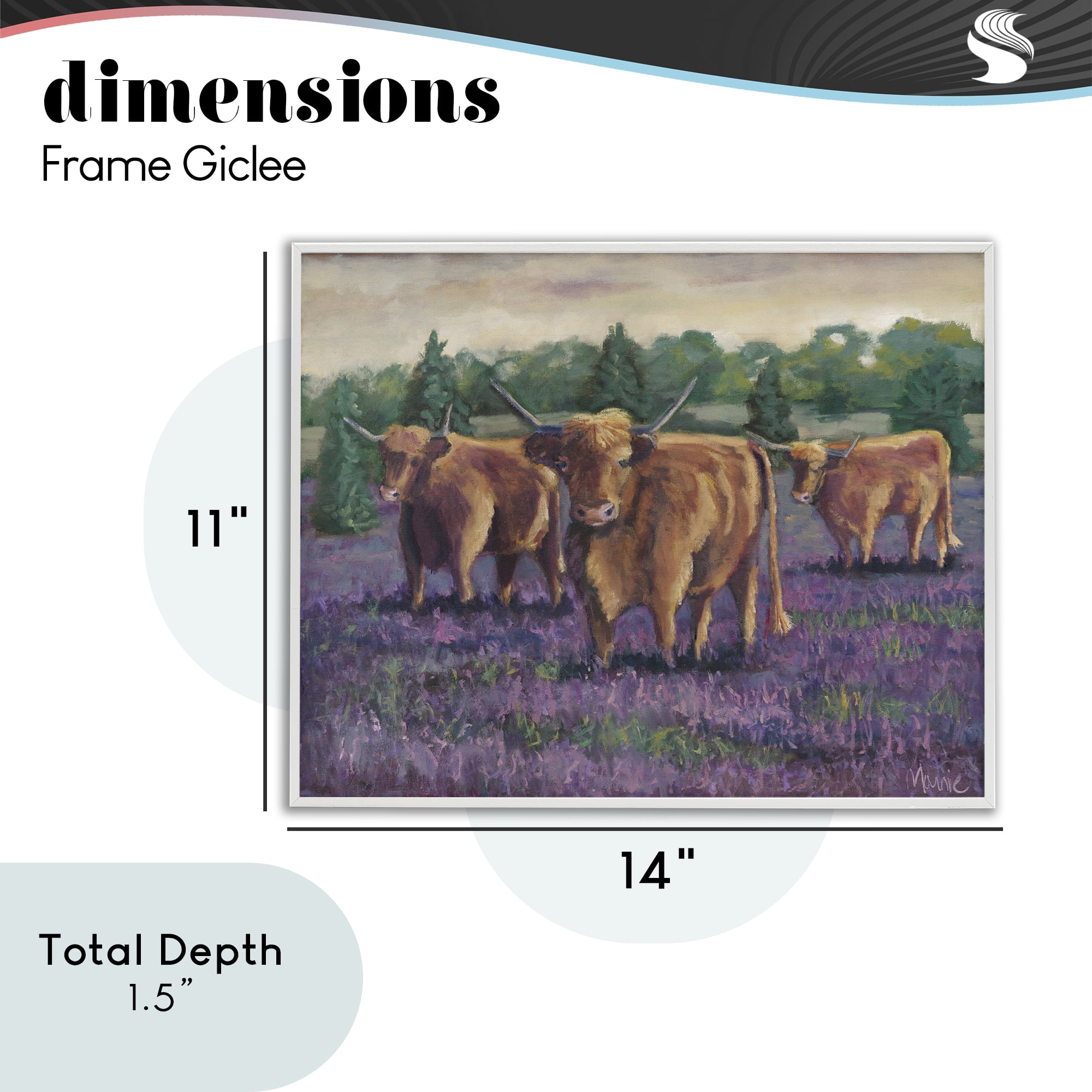 Purple Fields & Cows White Framed Giclee Art, design by Marnie Bourque