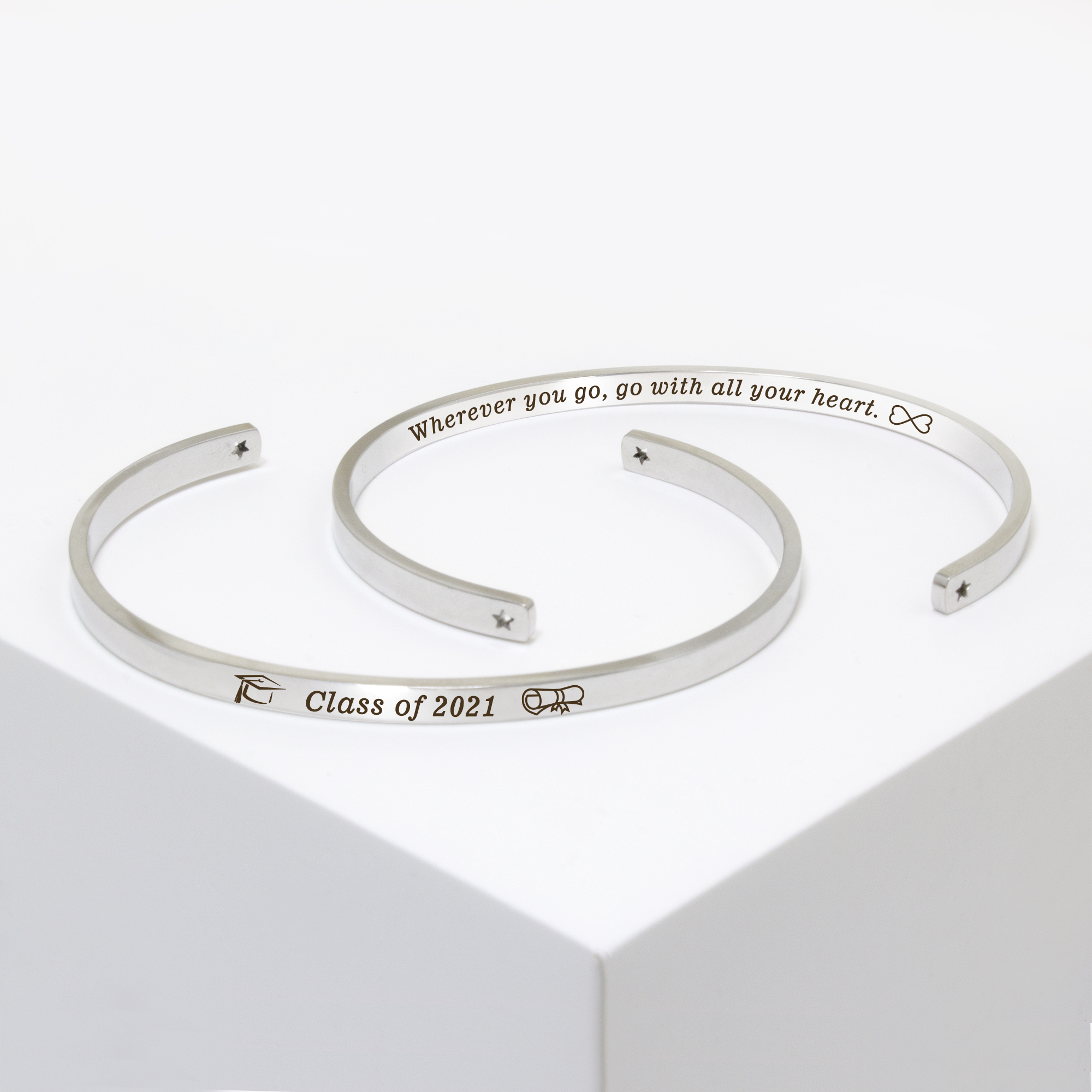 "Wherever you go…" Silver Stainless Steel Graduation Theme Hidden Message Gift for Her Cuff Bracelet with Gift Set