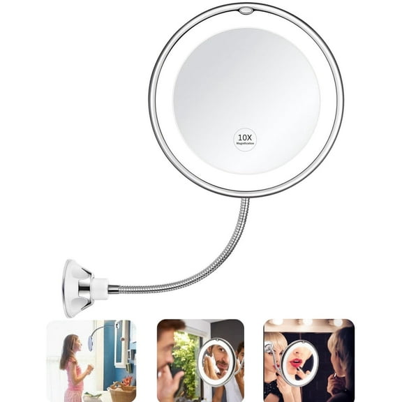 PandaTop Led 10X Magnifying Makeup Mirror Lighted, Vanity Bathroom Round Mirror with Suction Cup and 360 Degree Swivel, Flexible Lighted Makeup Mirror,White