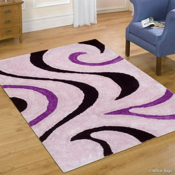 Allstar Purple Shaggy Area Rug with 3D Black Lines Design. Contemporary Hand Tufted (5' x 7')