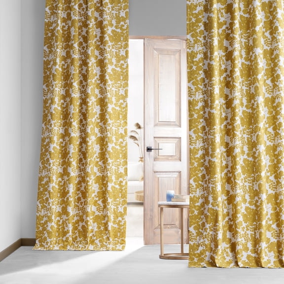 Fleur Gold Printed Cotton Hotel Blackout Curtain (1 Panel), Fleur Gold, 50W X 108L