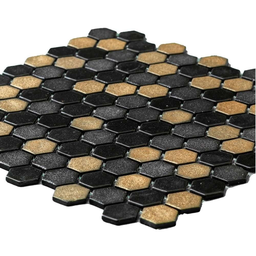 The Tile Life Eterna Hex 4" x 4" Hexagon Black & Gold Glass Mosaic Tile Sample 1 Piece