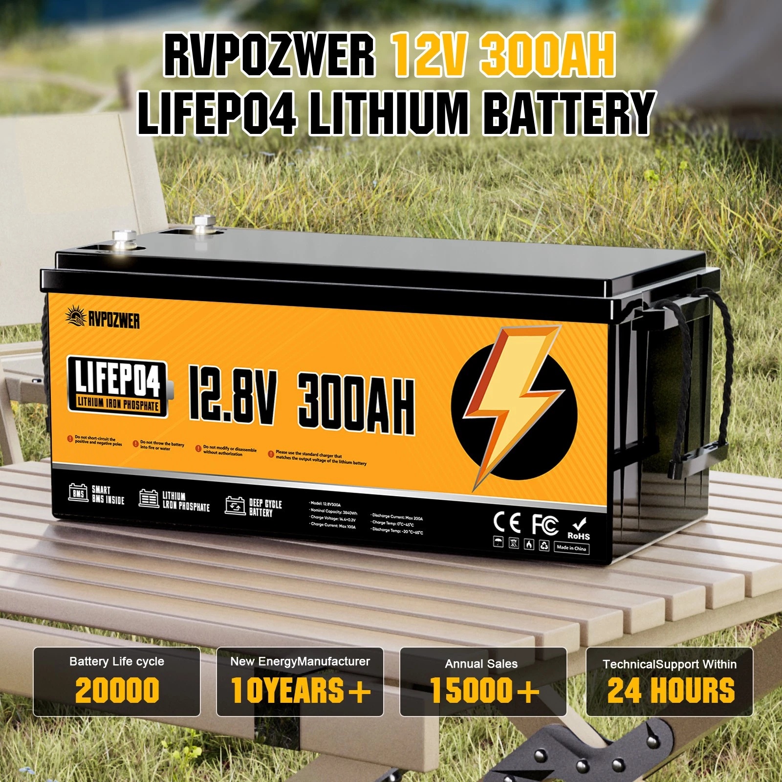 RVPOZWER 12V 300Ah Lithium LiFePO4 Battery 200A BMS for Golf Cart RV Marine Solar Panels