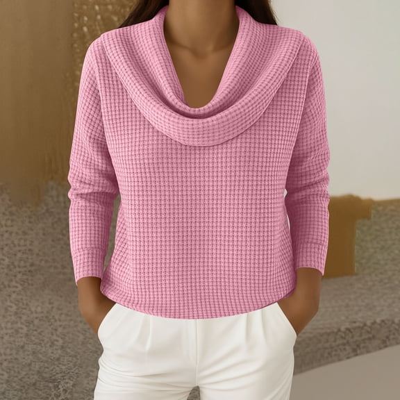 Uootdi Women's Waffle Knit Tops Cowl Neck Long Sleeve Clothes Trendy Casual Loose Relaxed Fit Knit Pullover Gift