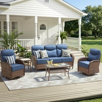 Unnifurnzi 5 Pieces Patio Furniture Set-6'' Thick Cushions Outdoor Furniture with Swivel Rocker Chairs Outdoor Couch and Ottomans Wicker Patio Furniture for Deck Porch Garden Poolside-Brown/Blue