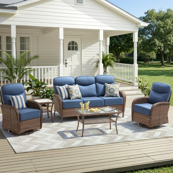 Unnifurnzi 5 Pieces Patio Furniture Set-6'' Thick Cushions Outdoor Furniture with Swivel Rocker Chairs Outdoor Couch and Ottomans Wicker Patio Furniture for Deck Porch Garden Poolside-Brown/Blue