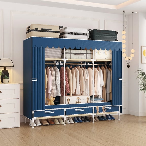 Portable Closet Organizer and Storage with 3 Hanging Rods for Hanging Clothes,Three drawers, 3 Wardrobe Closet Storage Shelves for Bedroom, Easy to Assemble