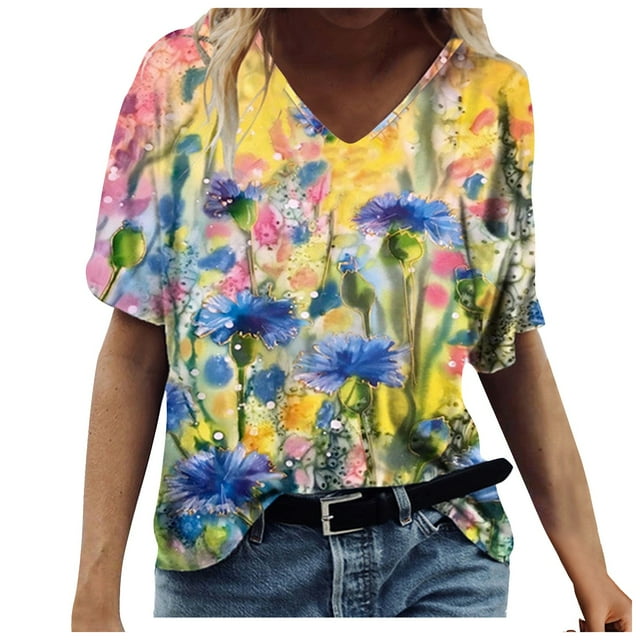 Awdenio Tunique d'Été à Manches Courtes pour Femmes Col en V Imprimé Floral Coloré Chemise Décontractée Confortable