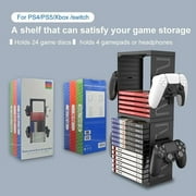 Video Game Storage Tower for PS5 PS4 Xbox Nintendo Switch Games, Universal Video Games Discs Organizers 24 PCS with Controllers Holder, Game Disk Box Stand Rack Accessories