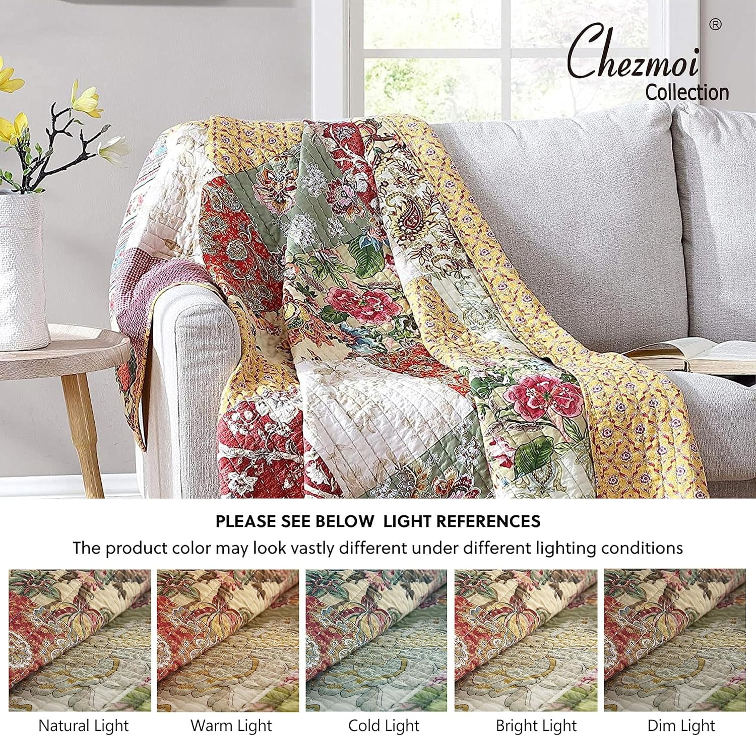 Chezmoi Collection Delaney 1-Piece Floral Patchwork Quilted Throw - Soft Breathable Vintage Washed Cotton Reversible Quilt for All Seasons. Throw Blanket