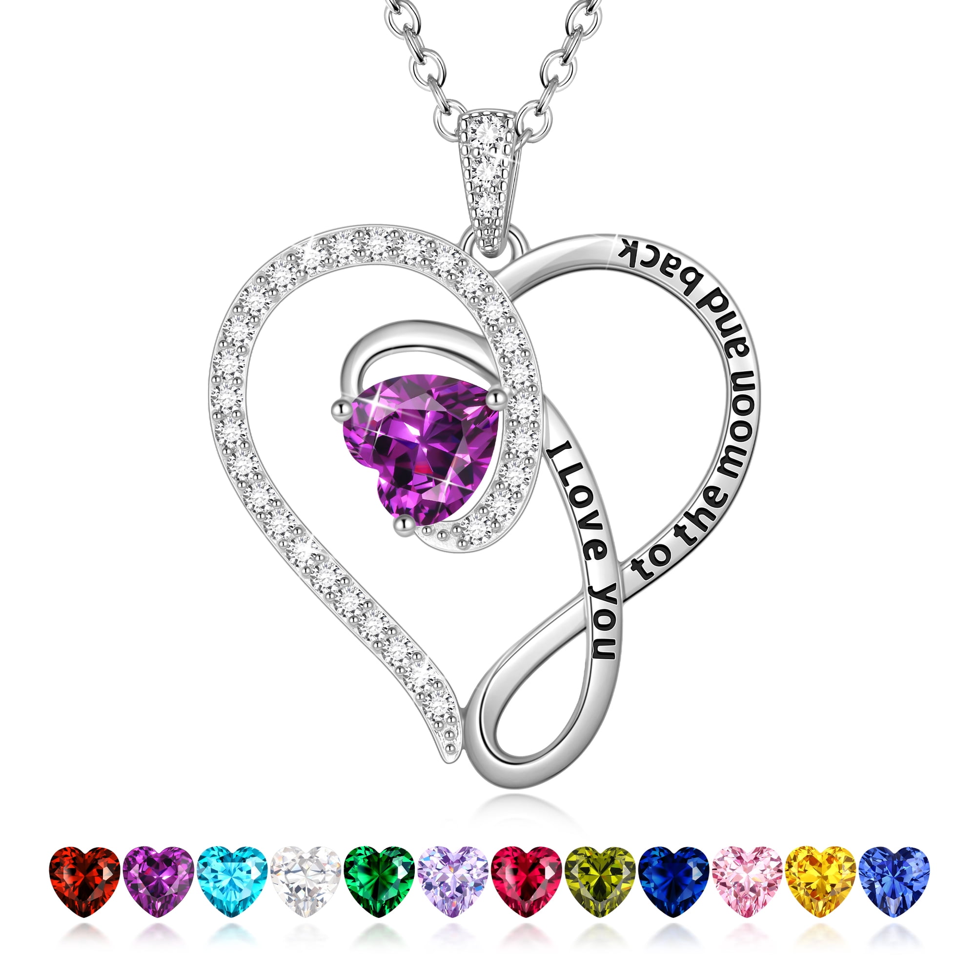 Ydou I Love You to The Moon and Back Necklace,S925 Sterling Silver Plated Heart Birthstone Pendant Necklace Birthday Jewelry Gift for Mom Wife Girlfriend