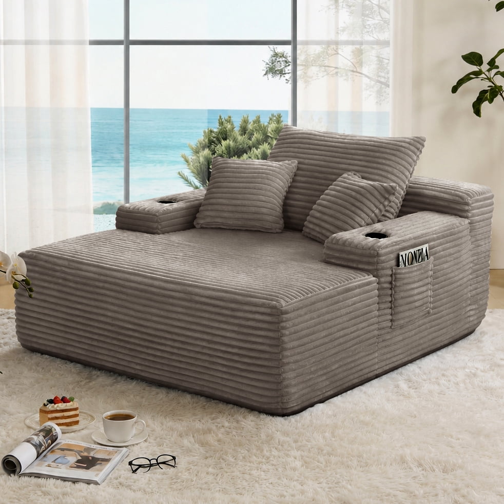 65" Oversized Chaise Lounge Chair with Wide Armrest & Throw Pillows,Corduroy Upholstered Boneless Sleeper Sofa Bed Armchair with Cup Holder for Living Room,No Assembly Required,Grey Brown