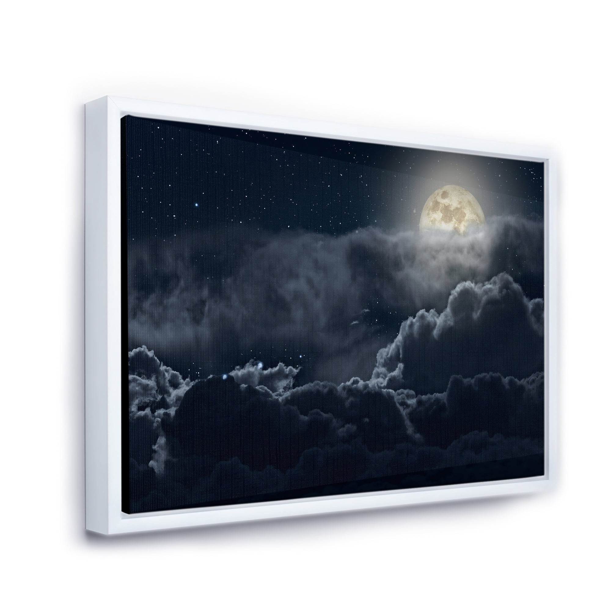 Designart 'Cloudy Full Moon Night With Stars' Nautical & Coastal Framed Canvas Wall Art Print