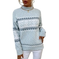 SWSMCLT Women's Long Sleeve Sweater Knit Christmas Pullover Sweaters Cute Chunky Warm Printed Winter Drop Shoulder Blue Medium