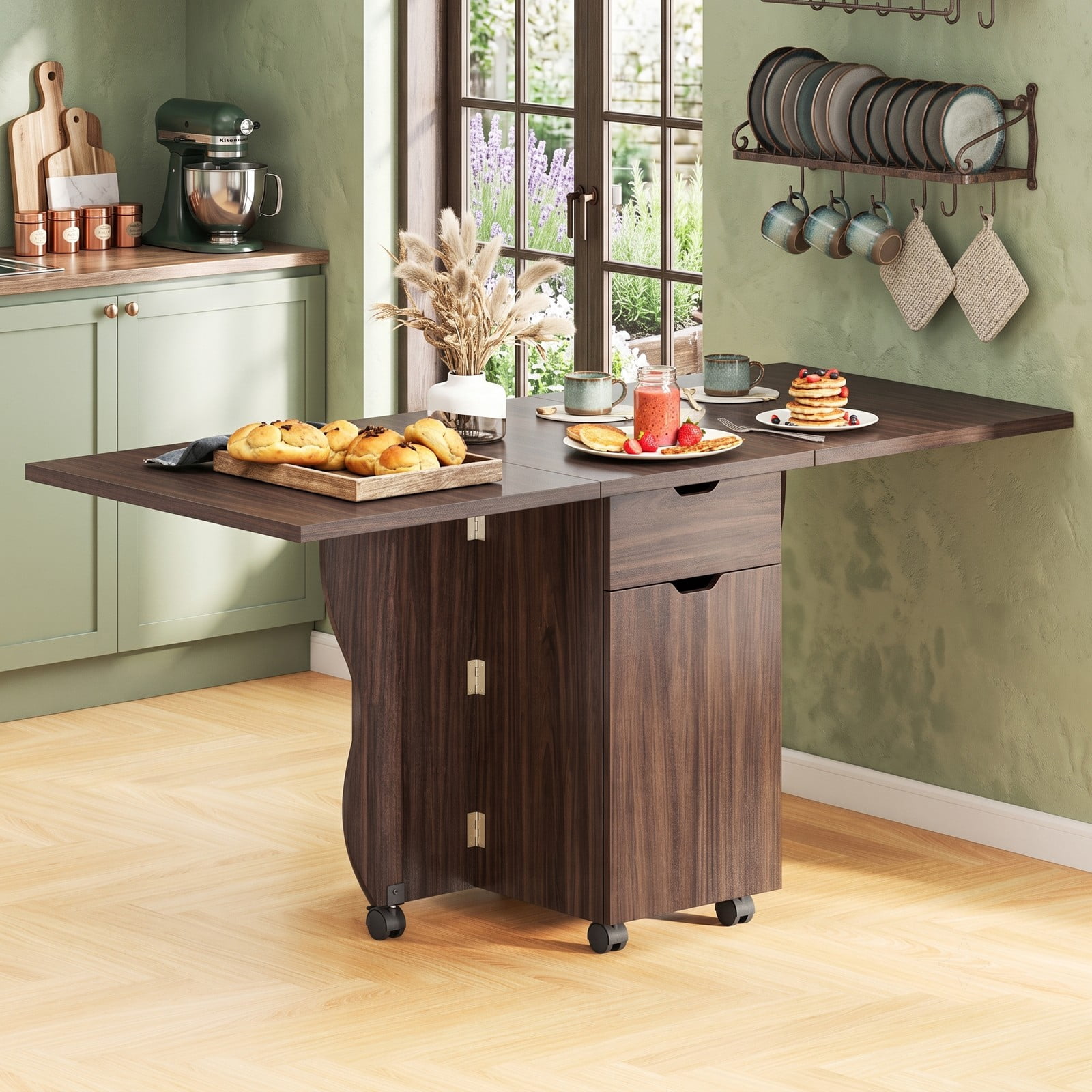 Furnibear 3-in-1 Folding Dining Table, Space-Saving Drop Leaf Kitchen Table with Storage Drawers, Cabinet & 6 Lockable Wheels for Small Spaces, Walnut