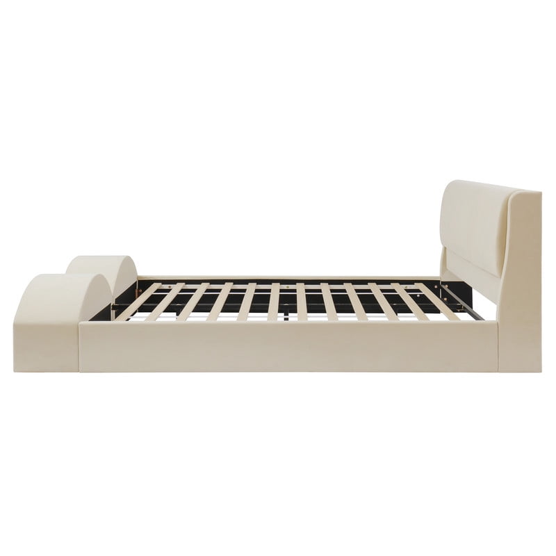 Queen Size Upholstered Platform Bed with LED Lights, Velvet Kids/Teens/Adults Low-Profile Bed Frame with Pet Nests at Footboard