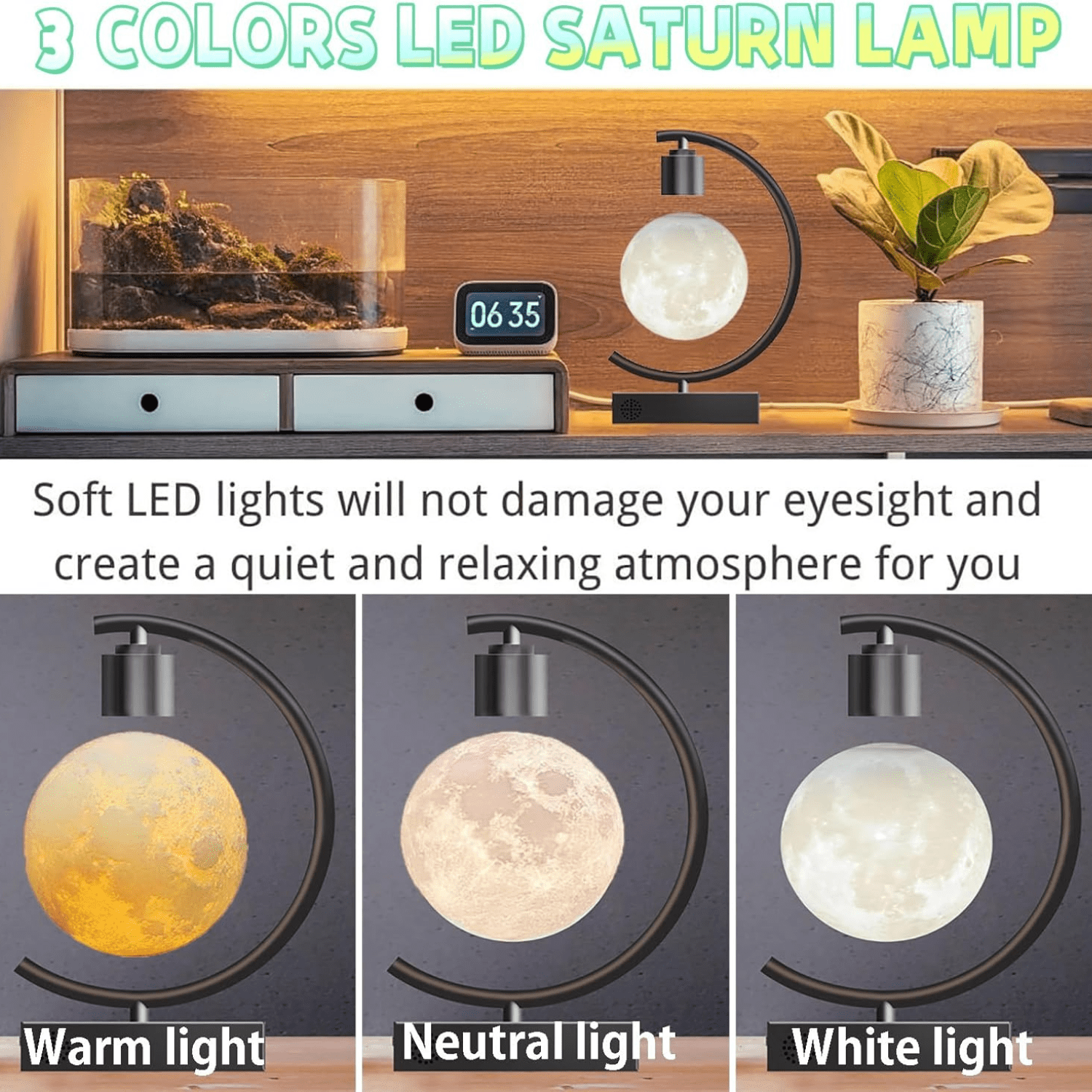 Levitating Moon Lamp with Speaker, 3D Magnetic Floating Night Light, 3 Color LED Planet Lamp with Fast Charger, Wood Base Desk Decor for Bedroom Living Room Gifts