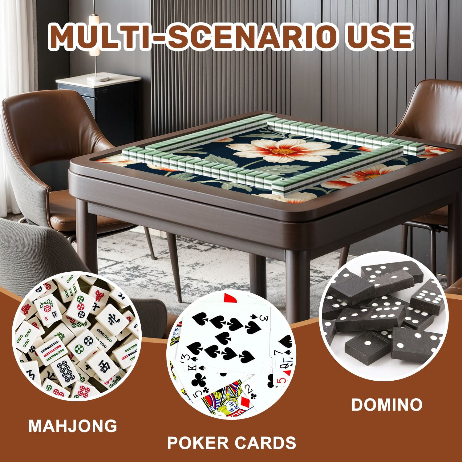 Mahjong Mat 31.5" x 31.5" Elegant Floral Cream Orange Flowers Dark Non-Slip Noise Reduction American Mahjong Tiles Table Cover for Dominoes Poker Card Board Games Gift