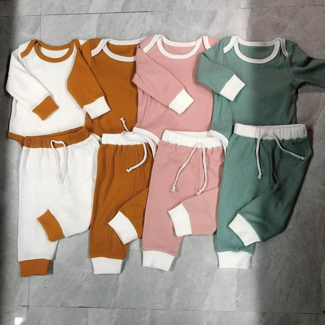 Toddler Baby Girl Boy Clothes Knitted Sets 2Pcs Baby Ribbed Cotton Outfits Long Sleeve Romper Tops Leggings Spring Fall