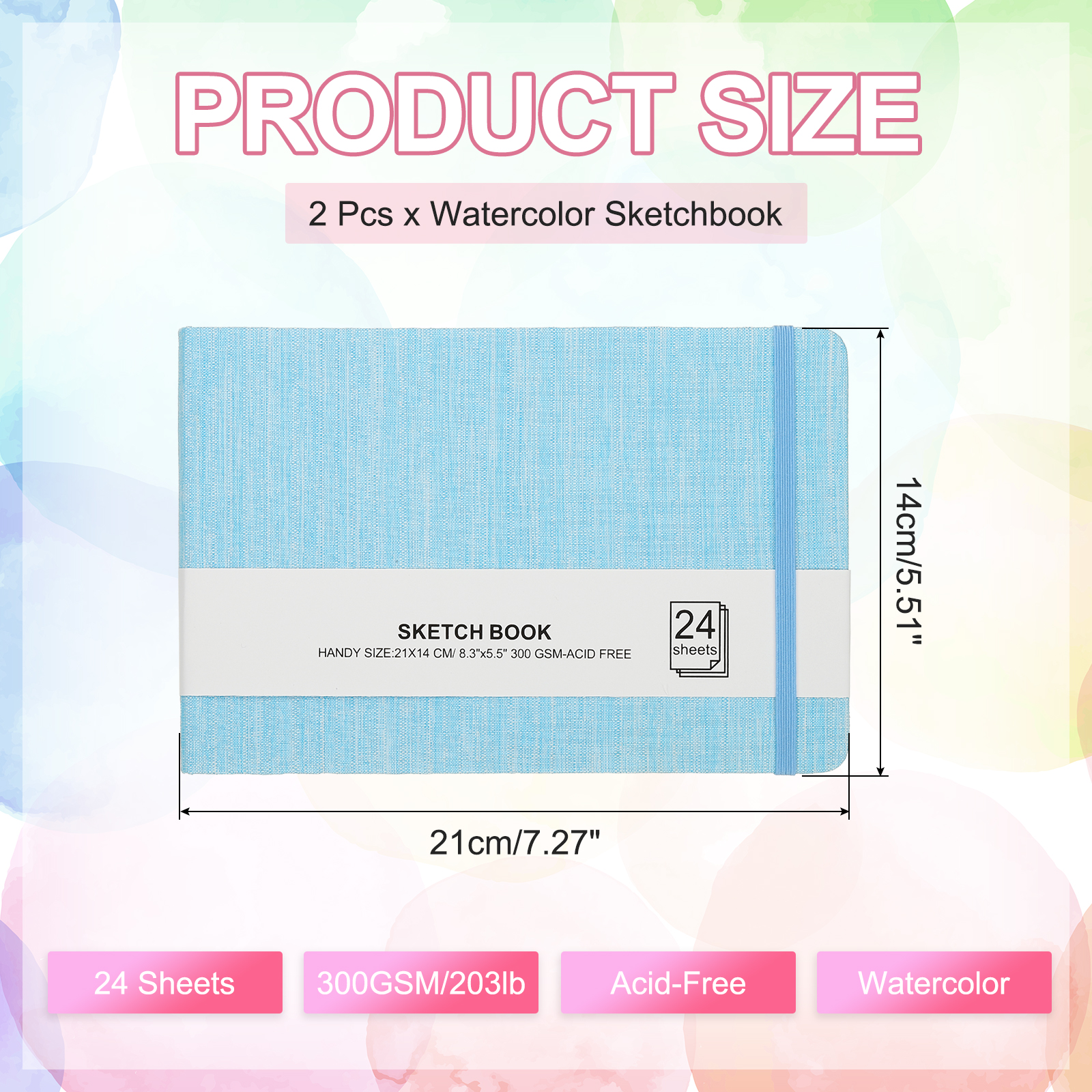 Uxcell 8.3x5.5" Square Watercolor Sketchbook, 2Pcs 24 Sheet 300gsm/140lb, Light Blue