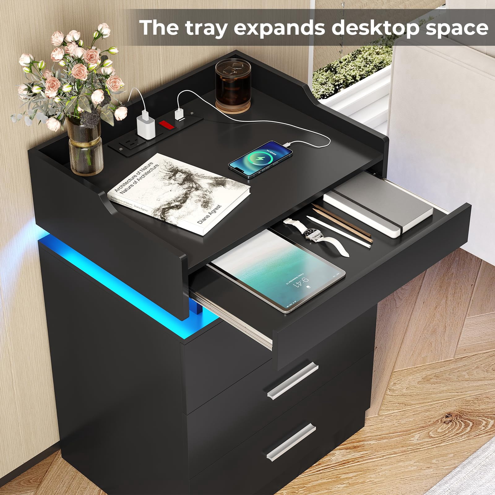 Afuhokles Nightstand with Charging Station USB Port and LED Light, 3 Drawers Bedside Table with Pull-Out Tray, Black