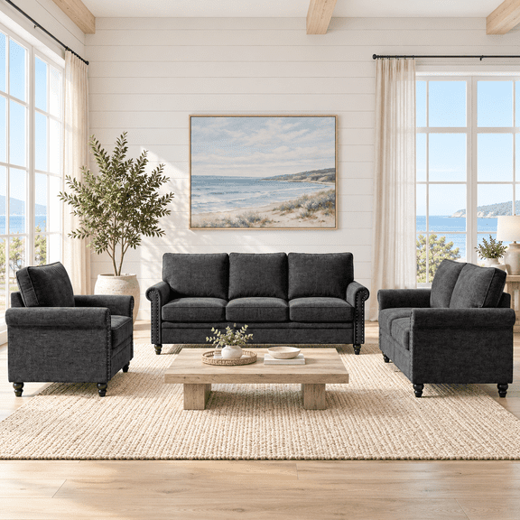 Puremind Living Room Furniture Sets, 3 Piece Sofa Set, Chenille Sectional Couches for Living Room/Apartment, Include Sofa, Loveseat and Armchair, Black