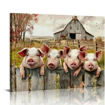 JRXY Farmhouse Pig Wall Art Cute Pigs Old Barn Truck Pictures Wall Decor Country Animal Canvas Print Painting Rustic Funny Artwork For Bathroom Kitchen Bedroom Living Room Framed 20x16in