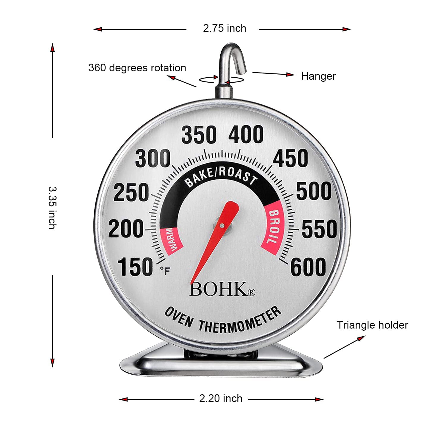 KINGRING INC 2 inch Large Dial Stainless Steel Baking Oven Thermometer With  Hanger and Holder 150-600F High Heat, Hang or Stand in Oven for Kitchen