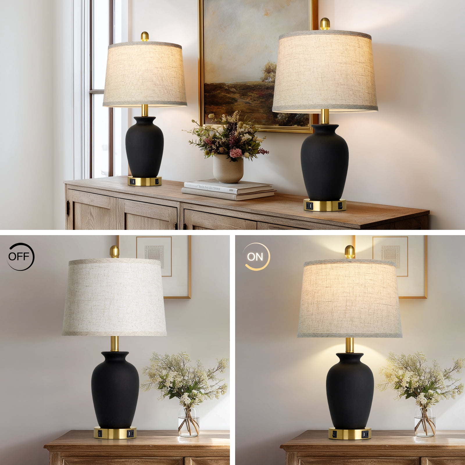 Lolikit Retro Black Ceramic Jar Table Lamps Set of 2 for Bedroom Living Room 23" Farmhouse Nightstand Bedside Lamp with USB A+C Ports