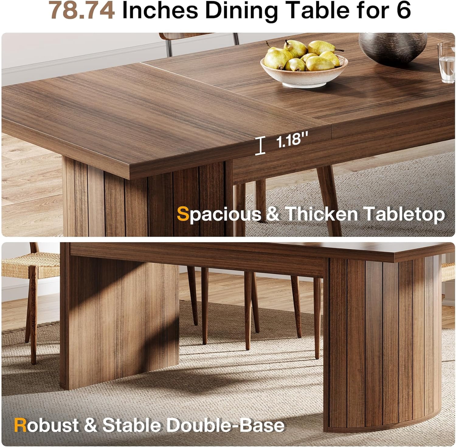 Tribesigns 78.7" Extra Long Dining Table for 6-8 People, Large Farmhouse Kitchen Table with Wooden Tabletop and Dual Base, Rustic Style Rectangular Dinner Table for Dining Room, Kitchen, Living Room