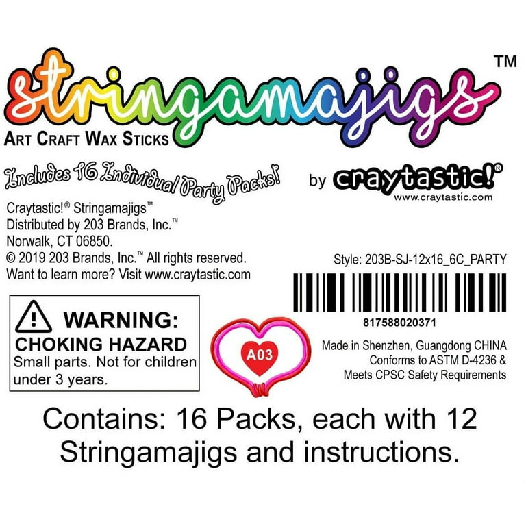 Craytastic! Stringamajigs Art Wax Craft Yarn Sticks for Kids - Bulk Party  Set of 16 Packs, 12 Sticks Each Pack 