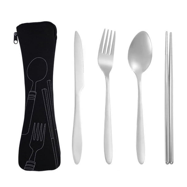 XmhyTop Vajilla de viaje portátil con estuche, juego de utensilios portátiles reutilizables de acero inoxidable con estuche, juego de cubiertos de viaje con estuche, color negro