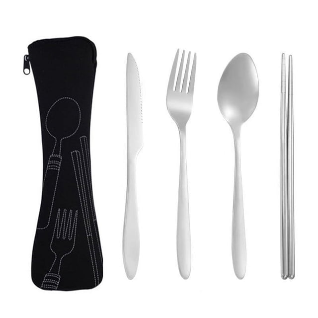 Xiao Hua Vajilla de viaje portátil con estuche, juego de utensilios reutilizables de acero inoxidable con estuche, juego de cubiertos de viaje con estuche (negro)
