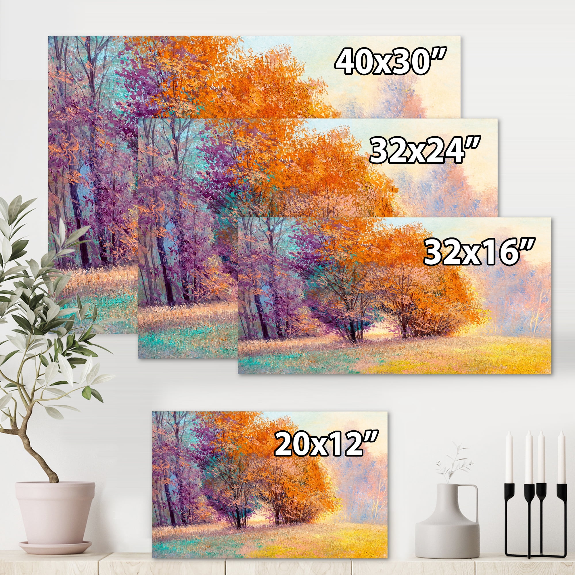 Designart ' Autumn Forest Orange Leaves Landscape ' Lake House Canvas Wall Art Print