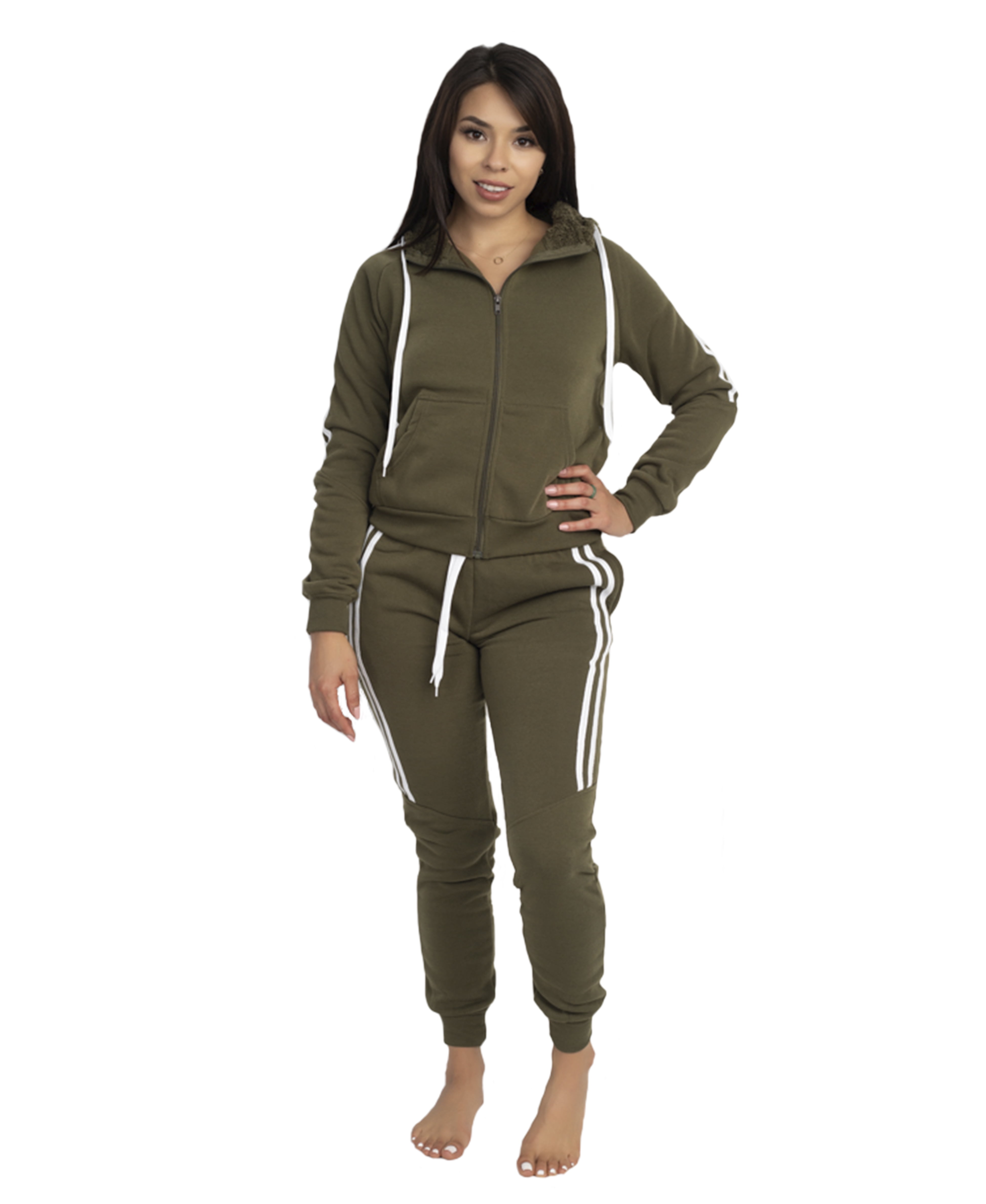 2BFREE - Outfit For Women 2 PC - Sweater Hoodie & Jogger Pants Army Green Full Zipper Jacket